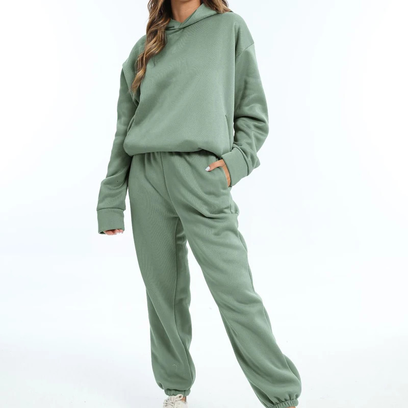 Autumn womens two-piece casual solid long sleeved hooded sweatshirt sportswear warm hooded sweatshirt long pants 241011