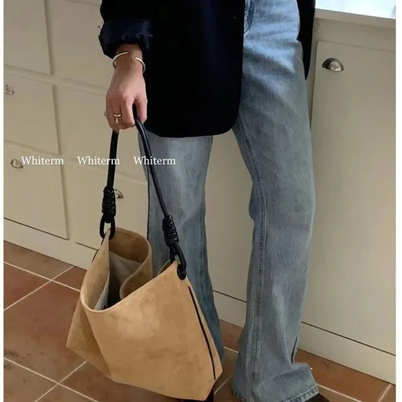 Korean version Ins large bag autumn/winter retro suede contrasting color single shoulder bucket large capacity handbag 241008