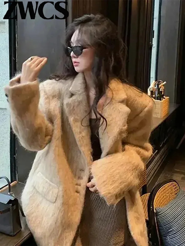 Womens Elegant Wool Coat Turn Down Collar Single Breasted Pink Long Sleeve Thicken Jackets Ladies 2024 Loose Outwear 241011