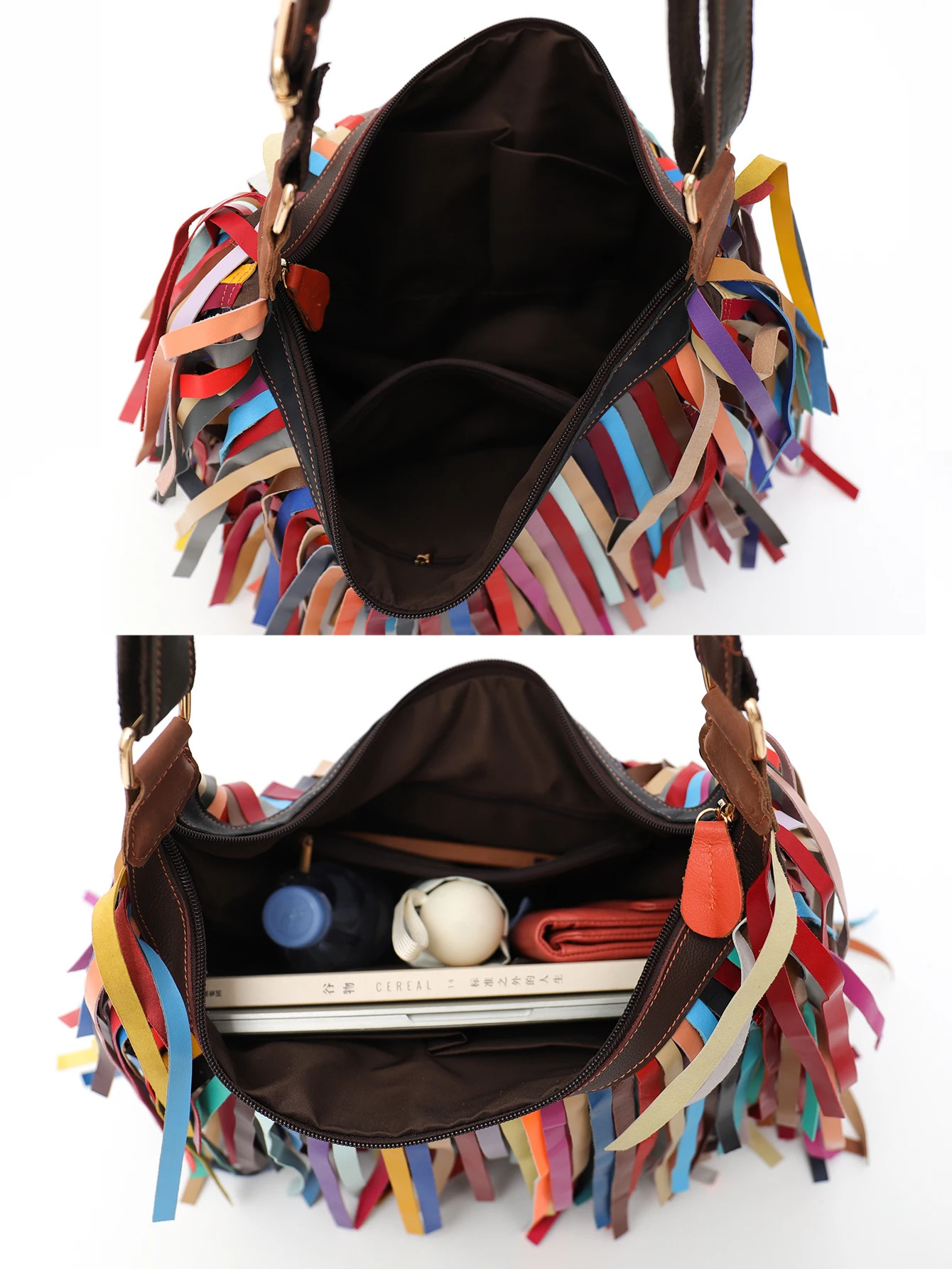 SC Colorful Real Sheepskin Shoulder Bags For Women Large Casual Slouchy Hobo Handbags Patchwork Leather Tassel Cross Body Purses 241008