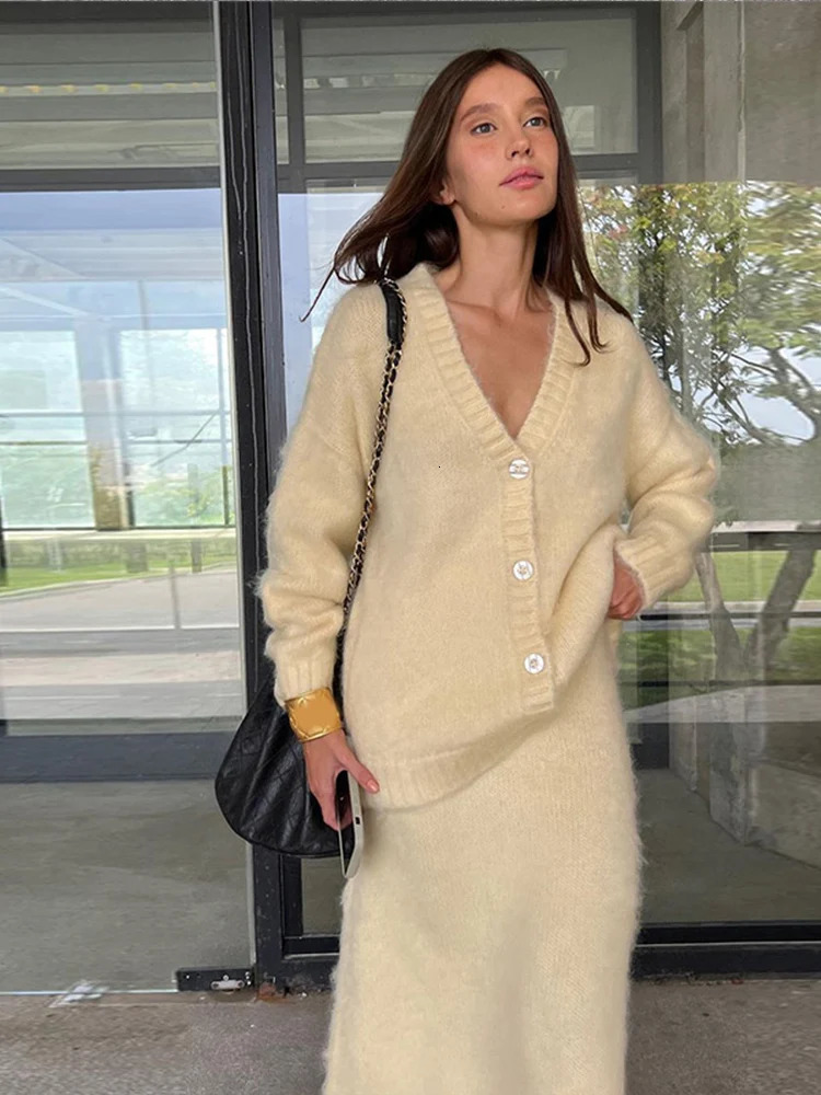 Female V Neck Single Breasted Knitted Cardigan Set Fashion Chic Commuting Maxi Skirt Suit 2024 Autumn Ladies High Street Outfits 241011