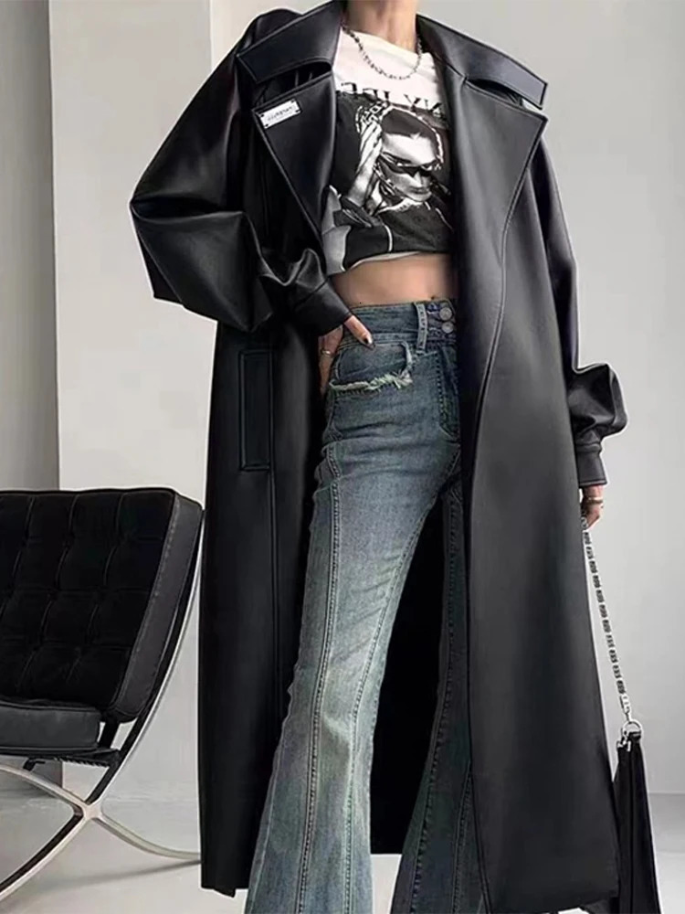 Leather Long Women Jacket Street Fashion Turndown Collar Female Jackets Autumn Winter Full Sleeve Belt Loose PU Coats 241011