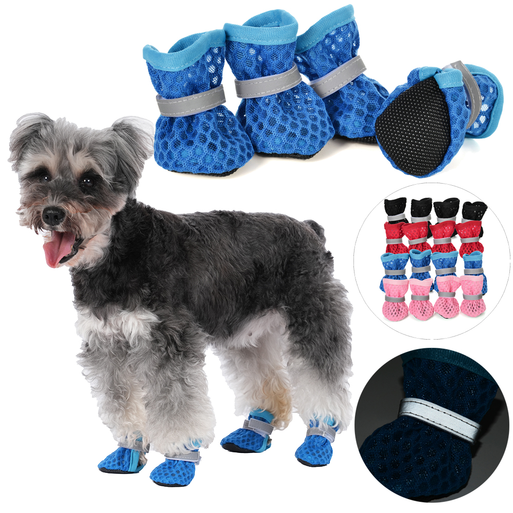 Summer Breathable Dog Shoes For Small Medium Dogs Cats Outdoor Anti-slip Nylon Puppy Boots Reflective Adjustable Pug Pet Shoes