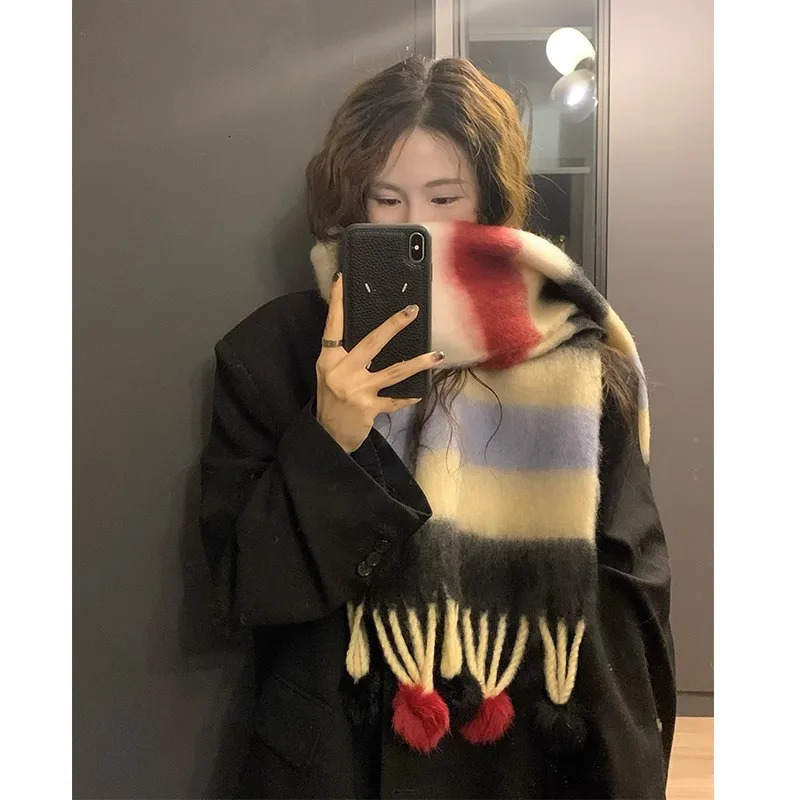 Winter Soft Warm Scarf Women Fashionable Plush Colorful Striped Scarf Versatile Mohair Couple Shawl Long Vintage Scarf Shawl 241009