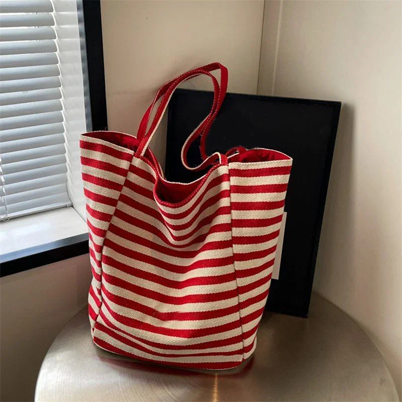 YOUDEYISI red striped canvas shoulder bag Korean style travel beach bag double-sided shopping handbag 241008