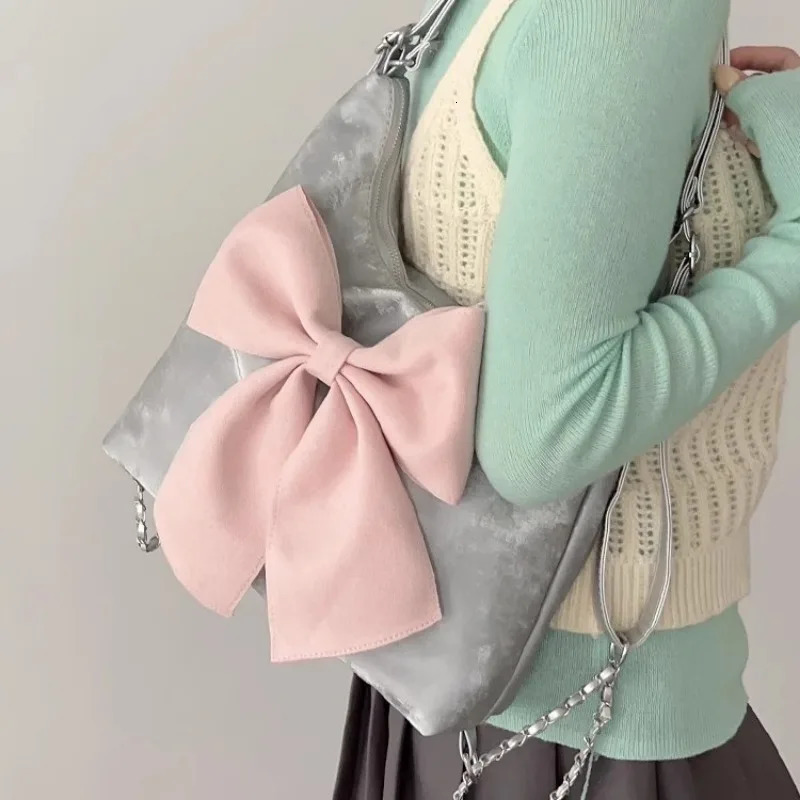 Xiuya Pink Bow Womens Shoulder Bag Korean Fashion Large Capacity Sweet Backpack Cute and Elegant Womens Handbag 241008