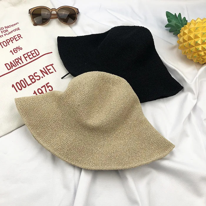 Fashion Bucket Hat Summer Hollow Knitted Solid Color Sunhat Fishermans Casual Folding Beach 241009