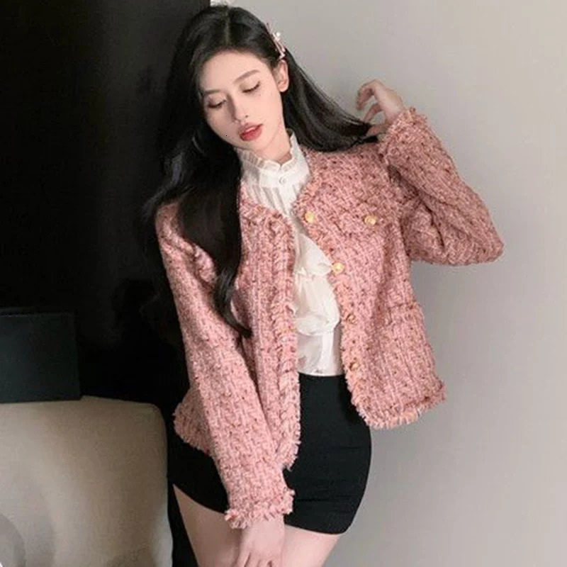 Rimboy elegant pink tweed cut jacket for womens autumn fashion long sleeved jacket for womens round neck social style party jacket 240930