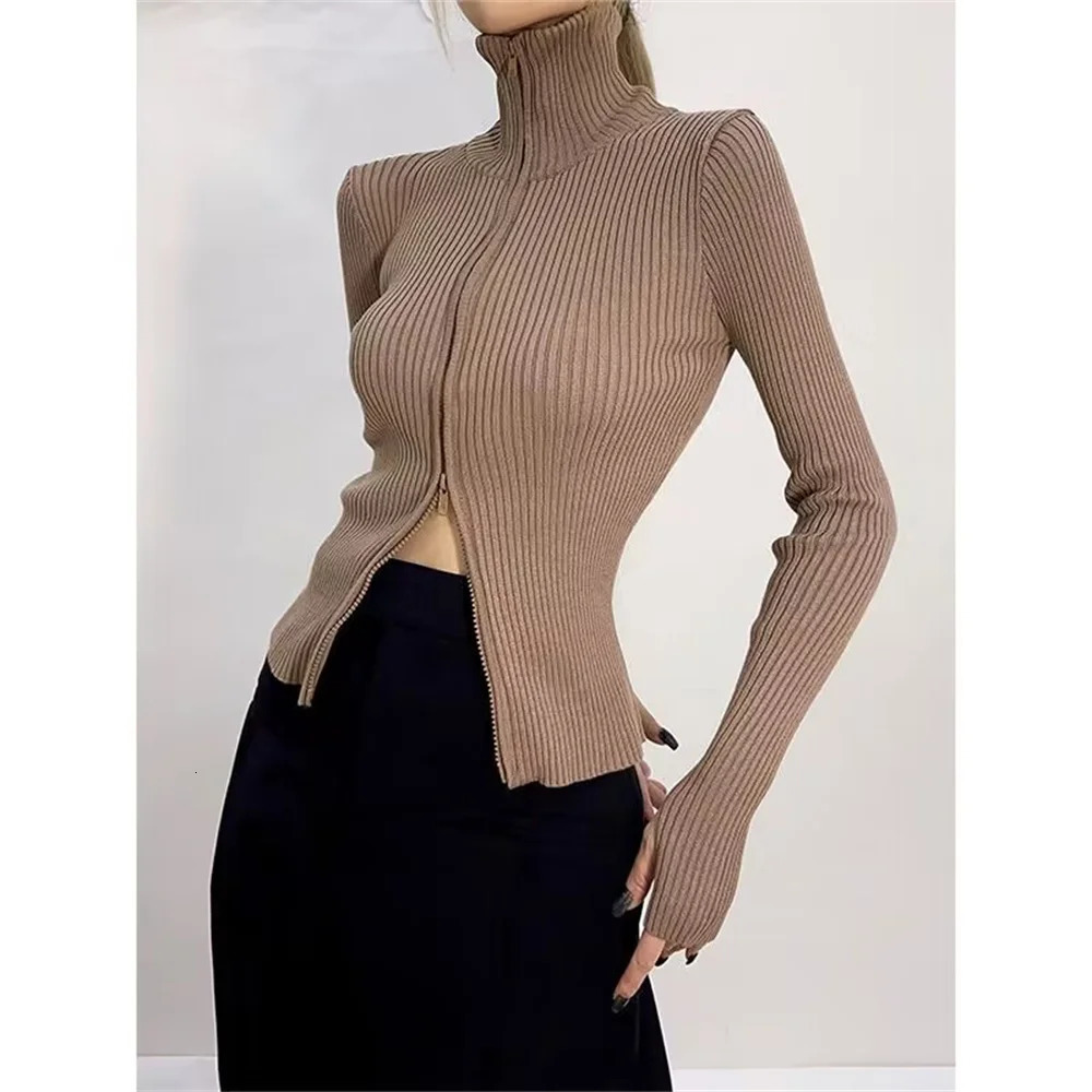 Fashion Korean Spring Women High Elastic Slim Knitted Cardigan Woman Zipper Turtleneck Knitwear Long Sleeve Sweater Coat 241009