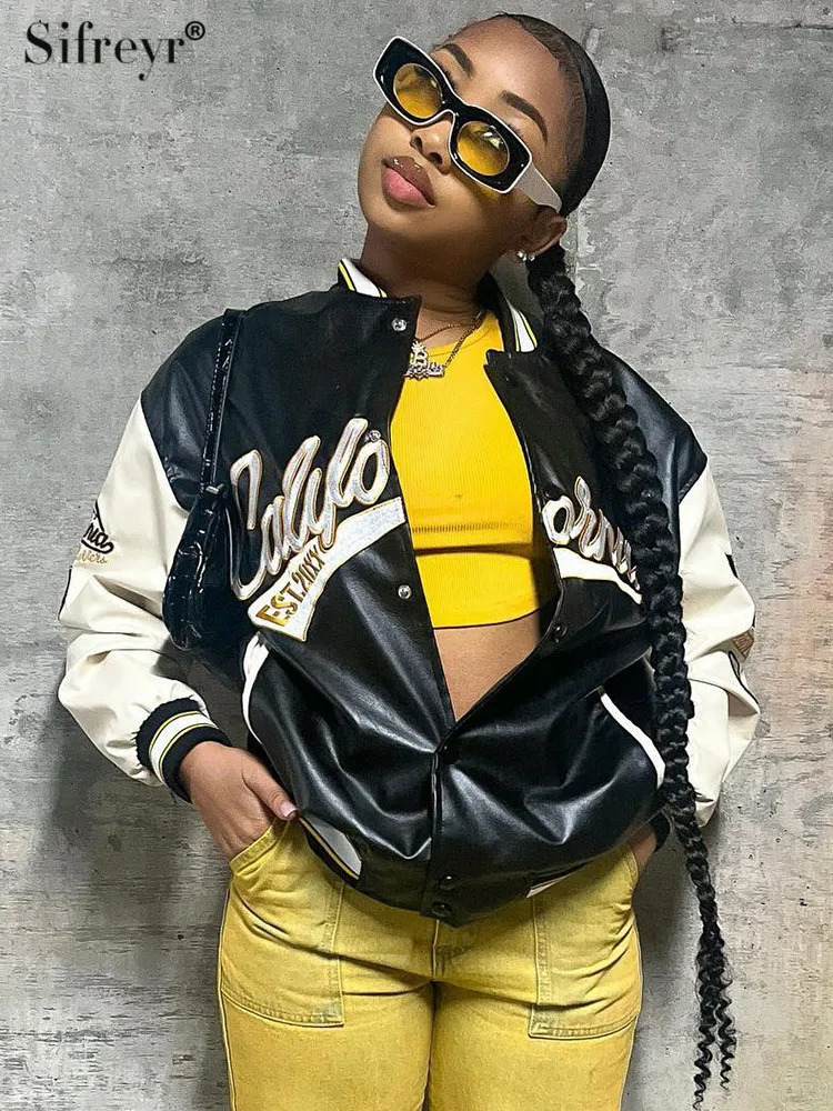 Sifreyr PU Leather Bomber Jacket Women Y2K Letter Long Sleeve Uniform Varsity Baseball Jackets Streetwear Oversized College Coat 241011