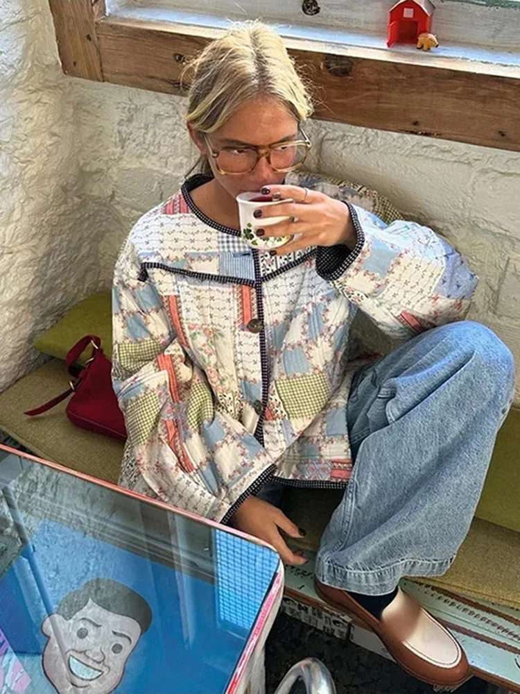 Womens Winter Jacket Printed Patch Work Warm Cotton Jacket Womens Pocket Single Piece Jacket Autumn Womens Street Clothing 241007