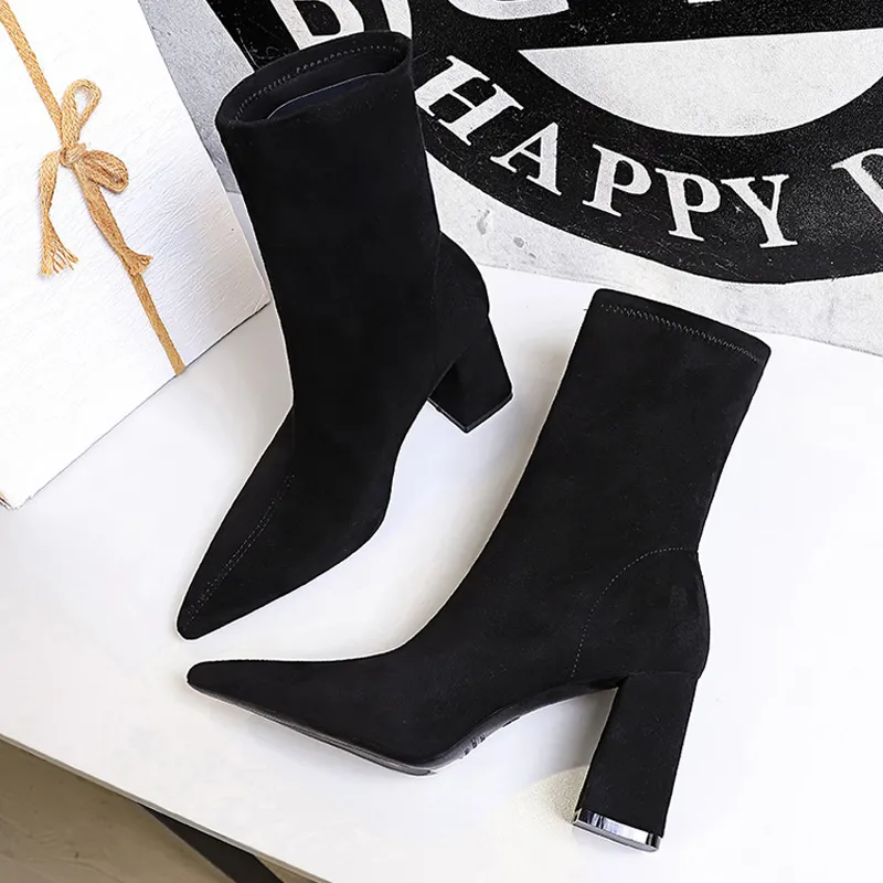 BIGTREE High Suede Ankle Pointed Toe Soc Thick Heel Women Shoes Warm Winter Boots Size 43