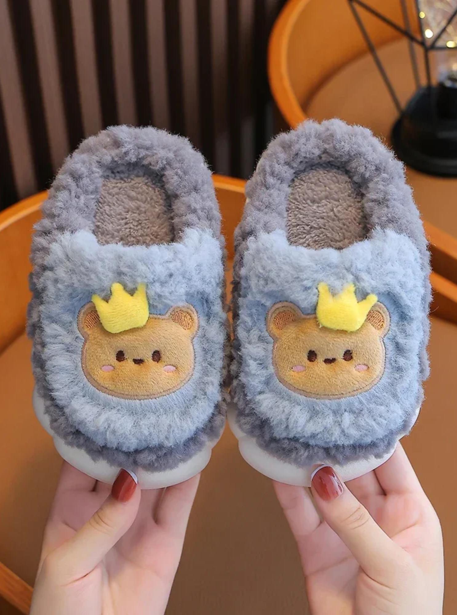 Kids Warm Plush Slippers Autumn Winter Boys Girls Cartoon Rabbit Bear Animal Cotton Slippers Children Non Slip Indoor Home Plush Slippers Sizes 24-36