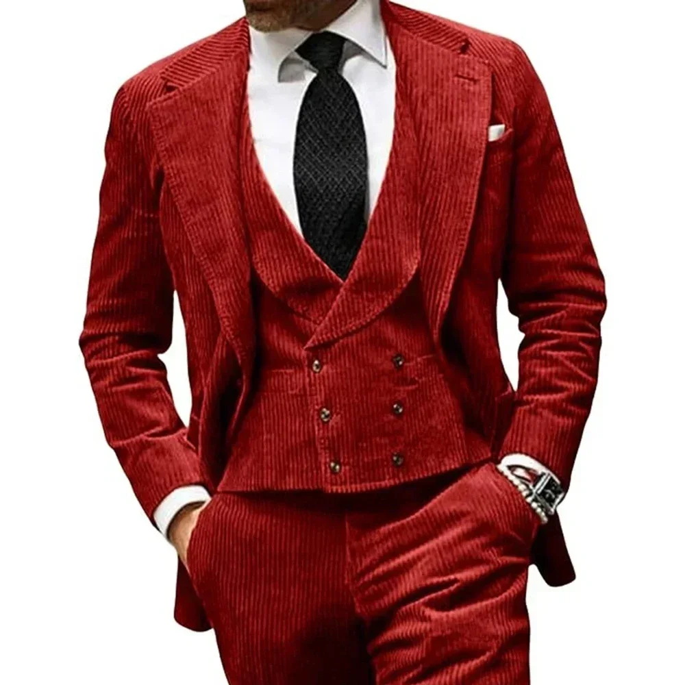 Corduroy Men's Suits 3 Pcs Fashion Sets Groomsmen Tuxedos For Wedding Groom Suit Jacket (Jacket + Vest + Pants)