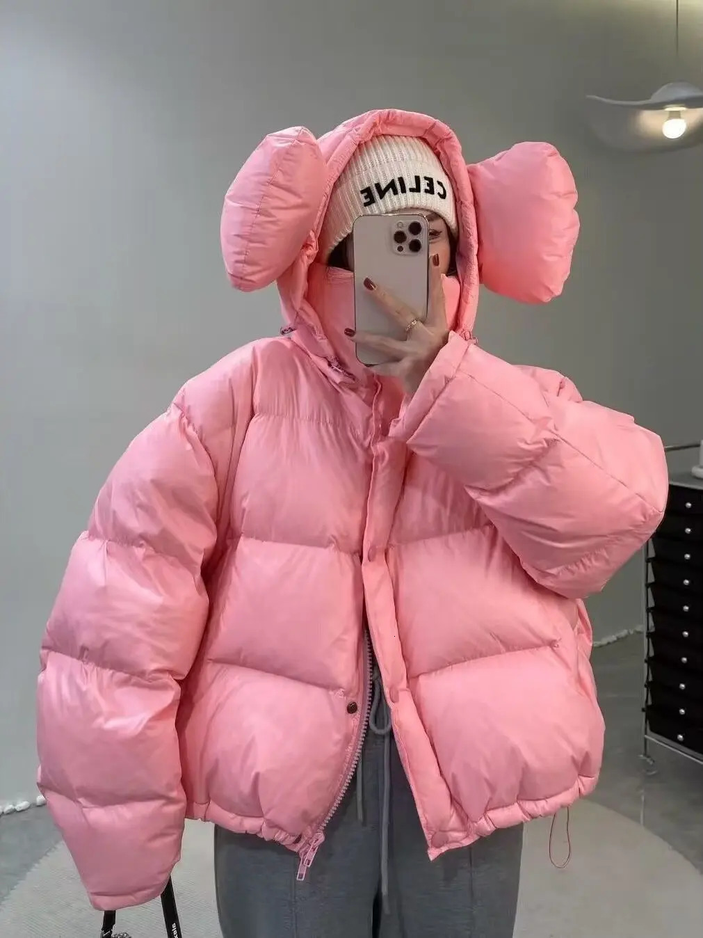 2023 Womens Winter Big Ears Hooded Short Parkas Thick Warm Down Cotton Jacket Cold Coat Fashion Baggy Casual Puffer Jackets 240930