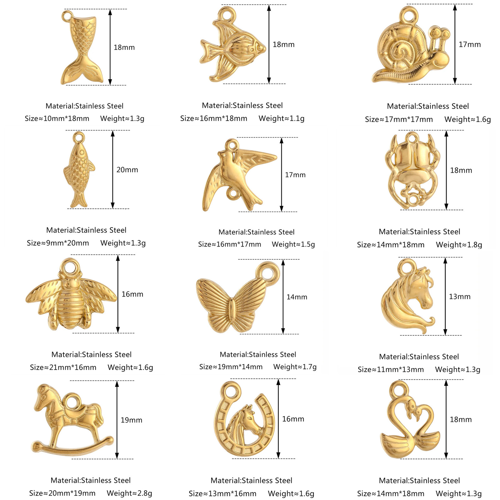 3PcsLot Fish TailSnailHorseshoeScarab BeetleButterfly Charm for Jewelry Making Stainless Steel Pendant Diy Necklace Earring 241010