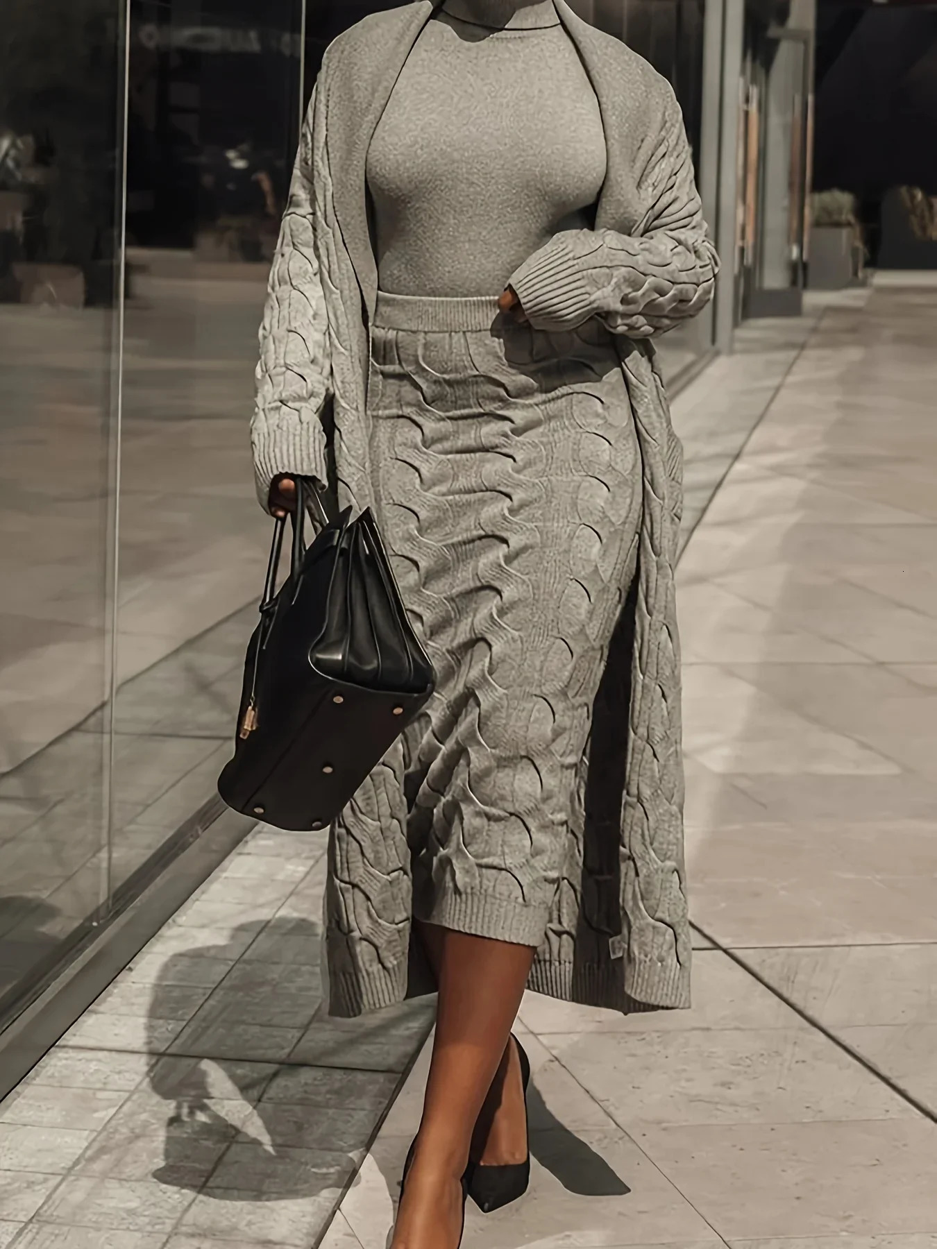 2024 Winter Chic ThreePiece Knit Set Women Open Front Pocketed Cardigan Sleek Turtleneck Sweater With HighWaist Skirt Perfect 241011