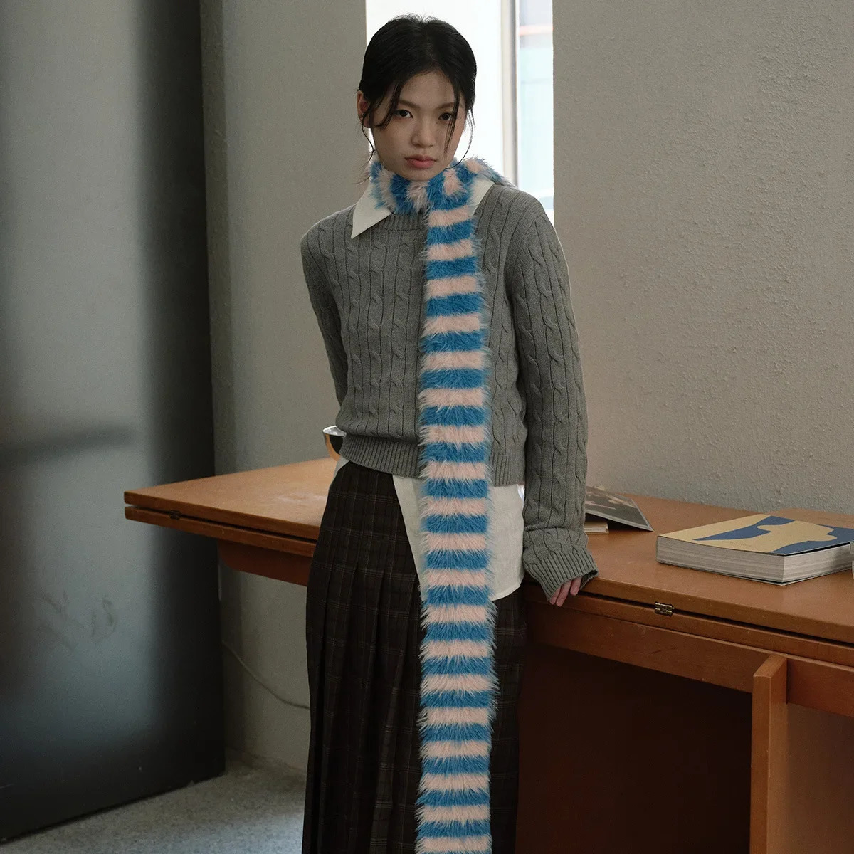 Elderly Scarf Korean Y2K Scarf Womens Mink Scarf Thick Plush Long Striped Scarf Womens Warm Scarf 241007