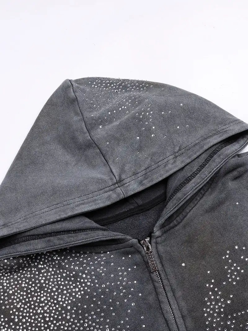 Retro Zipper Hoodie Y2K Clothing Mens Harajuku Hip Hop Diamond Glitter Retro Extreme Super Dalian Hoodie Sportswear Jacket 241011