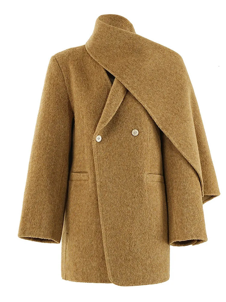 DEAT Fashion Womens Wool Coat Scarf Collar Double Chest Pockets Thick Loose Warm Jacket Autumn Trendy CPDB258 241011