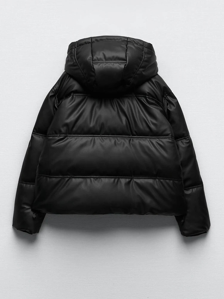Winter Women Faux Leather Puffer Jacket 2024 Warm PU Snow Hooded Parka Female Casual Loose Coat Zipper Long Sleeve Overcoat 241010