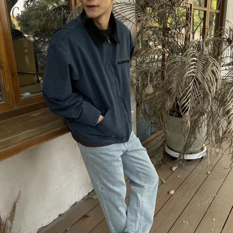 American Retro Lapel Solid Washed Jackets Fashion Mens Loose Casual High Street Jacket Men Tops Overcoat Male Clothes 241011