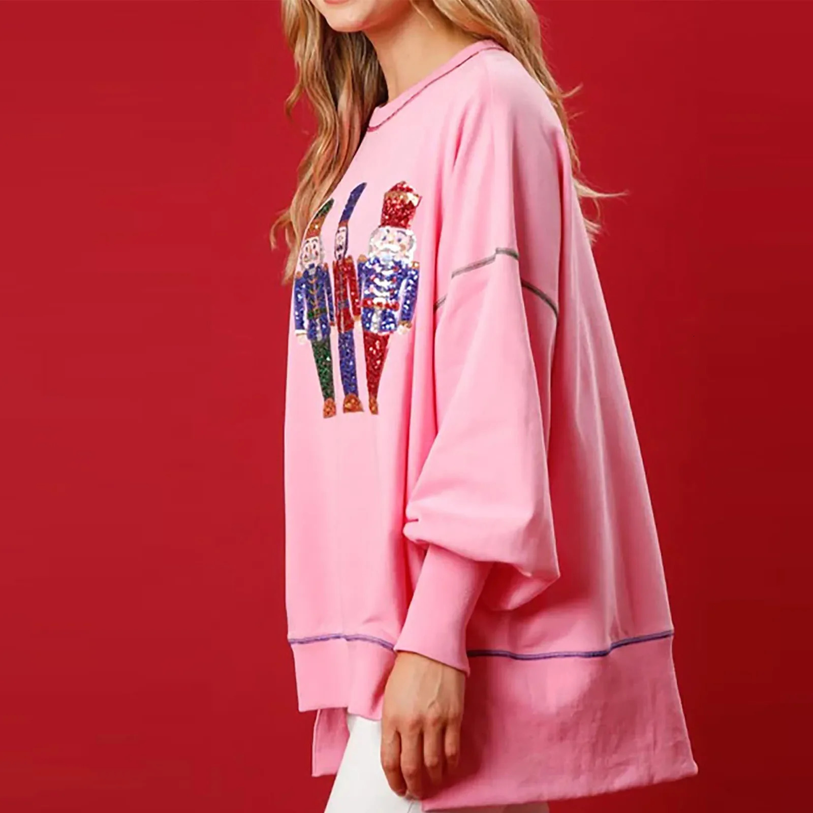 Imcute Women Cute Santa Sweatshirt Christmas Nutcracker Sequin Print Shirts Crewneck Long Sleeve Pullover Sweatshirts Tops 241011