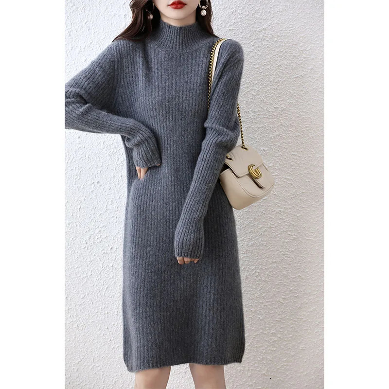 Fashion cashmere sweater womens knitted dress 100% Merino wool turtle neck elegant dress autumn and winter long sleeved short sleeved 241011