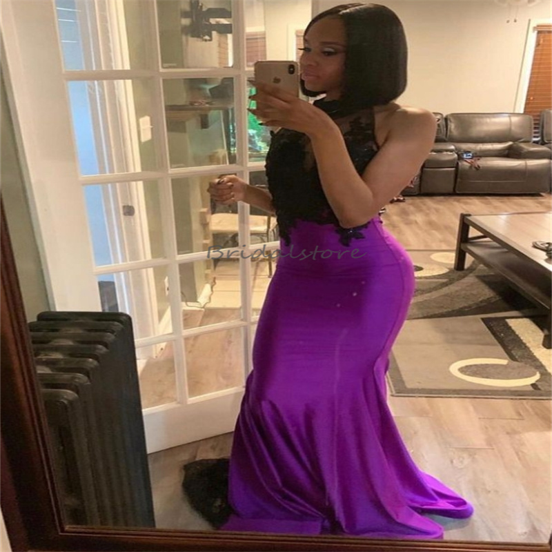 Charming Black And Purple Prom Dresses Sexy Halter Lace Mermaid Nigerian Evening Dress 2025 Backless Satin Black Girls Sixteen Birthday Party Dress Ve