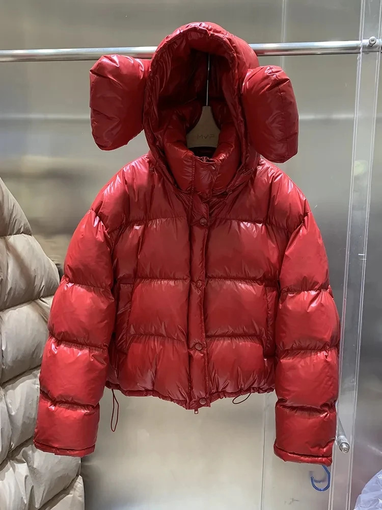2023 Womens Winter Big Ears Hooded Short Parkas Thick Warm Down Cotton Jacket Cold Coat Fashion Baggy Casual Puffer Jackets 240930