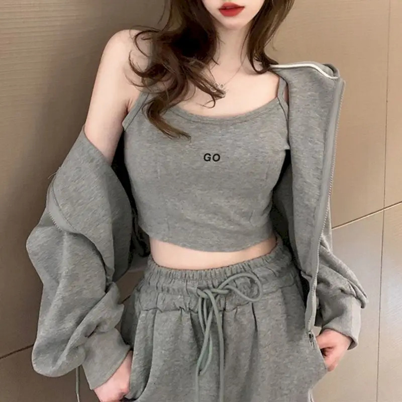 Womens casual sportswear spring/summer Korean loose cardigan wool hoodie leggings sports pants and suspension three piece set 241011