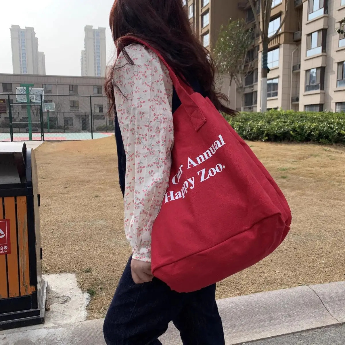 Korean shoulder bag letter school commuting shopping bag eco-friendly bag casual canvas red womens handbag 241008