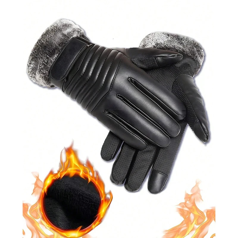 Mens comfortable wool lined PU leather gloves with waterproof touch screen compatible winter cycling and motorcycle riding holiday gifts 241009