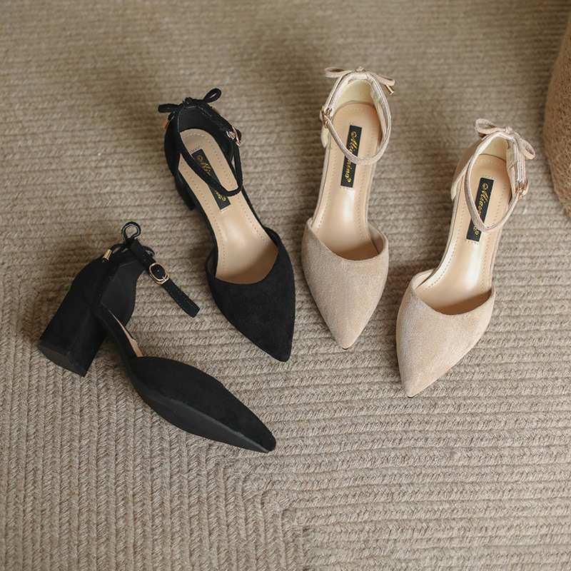 suede leather pointy sandals women ankle strap cover heel gladiator sandalias mujer back bowtie high heels summer shoes woman