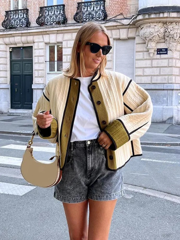 Women Chic Contrast Patchwork Cotton Jacket Elegant Stand Collar Single Breasted Pockets Coat Fall Winter Lady Outwear 241011