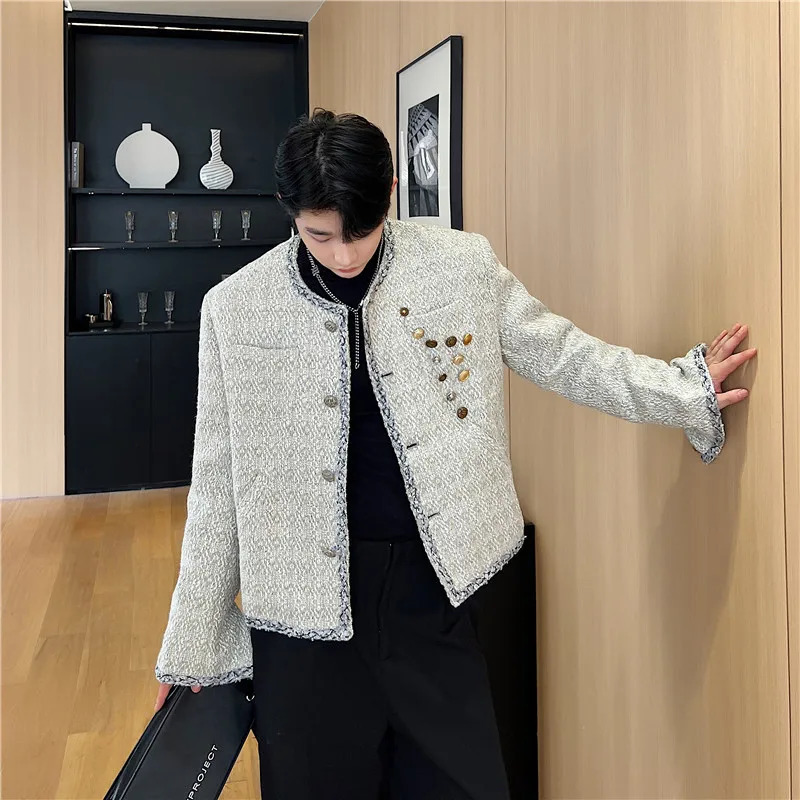 NOYMEI Trendy Korean Style Button Decorative Small Fragrance Jacket AutumnWinter 2024 Collarless Chic Coat Men WA3126 241011