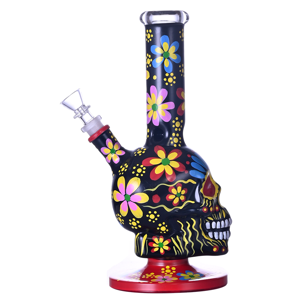 10.4in HippiesGlass,Hand Drawn Human Skeleton & Colored Flowers Glass Beaker Bong,Cute Halloween Bong,Borosilicate Glass Water Pipe,Glass Hookah,Smoki