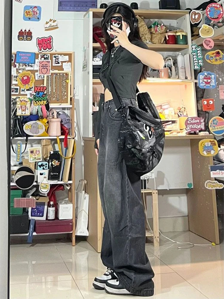 QWEEK Vintage Black Baggy Jean Korean Streetwear Oversize Harajuku High Waist Pants Grunge Y2K Denim Wide Leg Trousers 241007