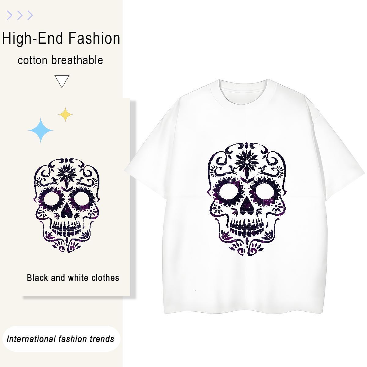 Fashion T-Shirts for Women 230g 100% Cotton Breathable Crew Neck Daily Wear skull Women Tshirts 5A DIY Printed Clothes Shirt