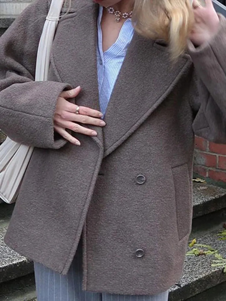 Elegant Brown Woolen Coat Thick Lapel Single Breasted Pocket Jackets 2024 Autumn Winter Lady Long Sleeve Loose Outwear 240930