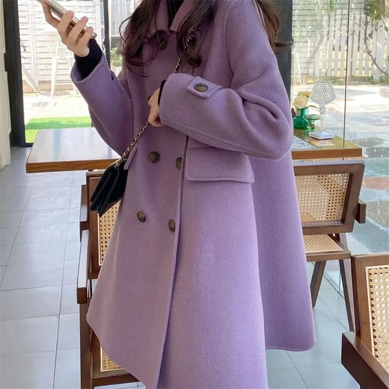 Double layered womens purple temperature wool coat womens medium long Korean wool fashionable doll neck coat 240930