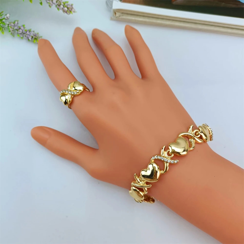 EMMA Women XOXO Jewelry Set Gold Plated Heart Necklace Bride Rhinestone Wedding Necklace Earrings Bracelet Ring Set Gift 241007