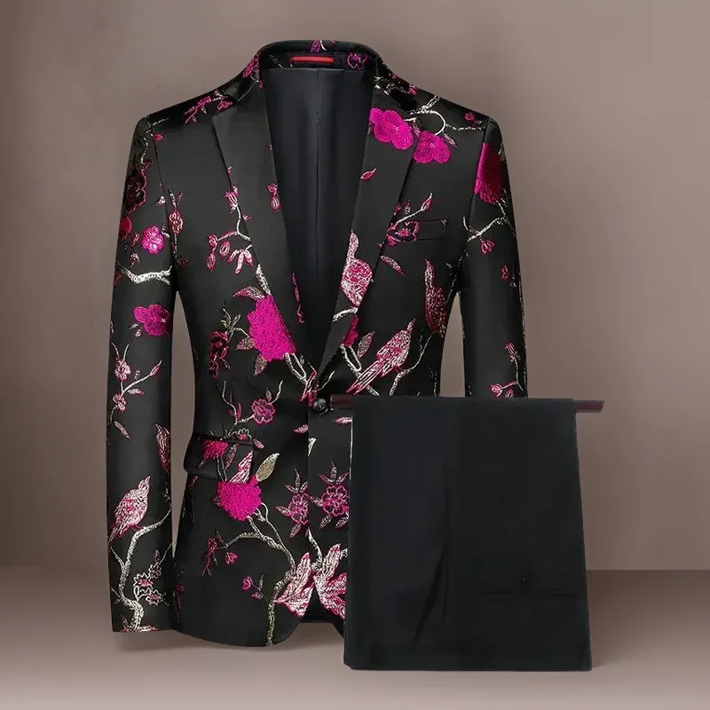 2 Pcs Floral Jacquard Suits For Men Prom Fashion Clothes Slim Fit Groom Wedding Tuxedos Set Jacket With Black Pants 2024