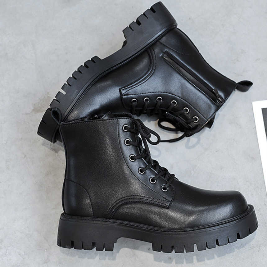 Martin Boot Summer Ankle Boots Mens British Style Casual Mid Top Leather Shoes Thick Soled Workwear Mens Black Trendy Short Boots Fashion Boots 240927