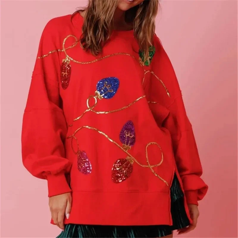 Imcute Women Sequin Christmas Light Sweater Oversized Long Sleeve Sweatshirt Side Slit Sparkly Glitter Shirts Jumper Tops 241011
