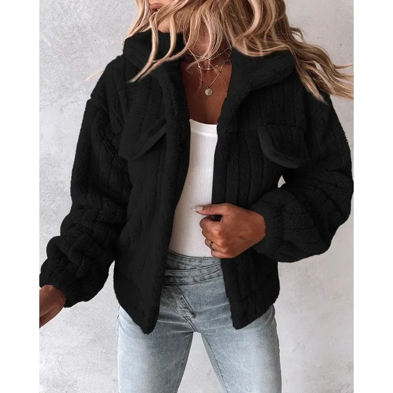 Flip collar button teddy jacket Y2K fashionable clothing elegant womens winter long sleeved loose plush warm thick coat 241010