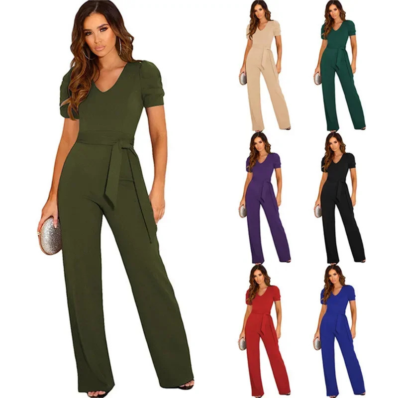 2024 Summer Style Strap Waist Wrapped jumpsuit Womens Solid Color Vneck Short Sleeve Wide Leg Long Pants 240930