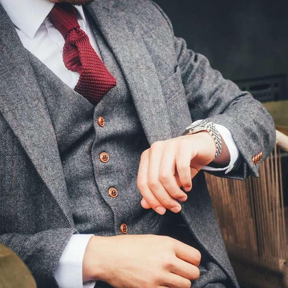 Wool Herringbone Wedding Suits For Men Gentleman 3 Pcs Tweed Groom Wedding Tuxedo 2024 Business Suit Jacket With Vest Pants