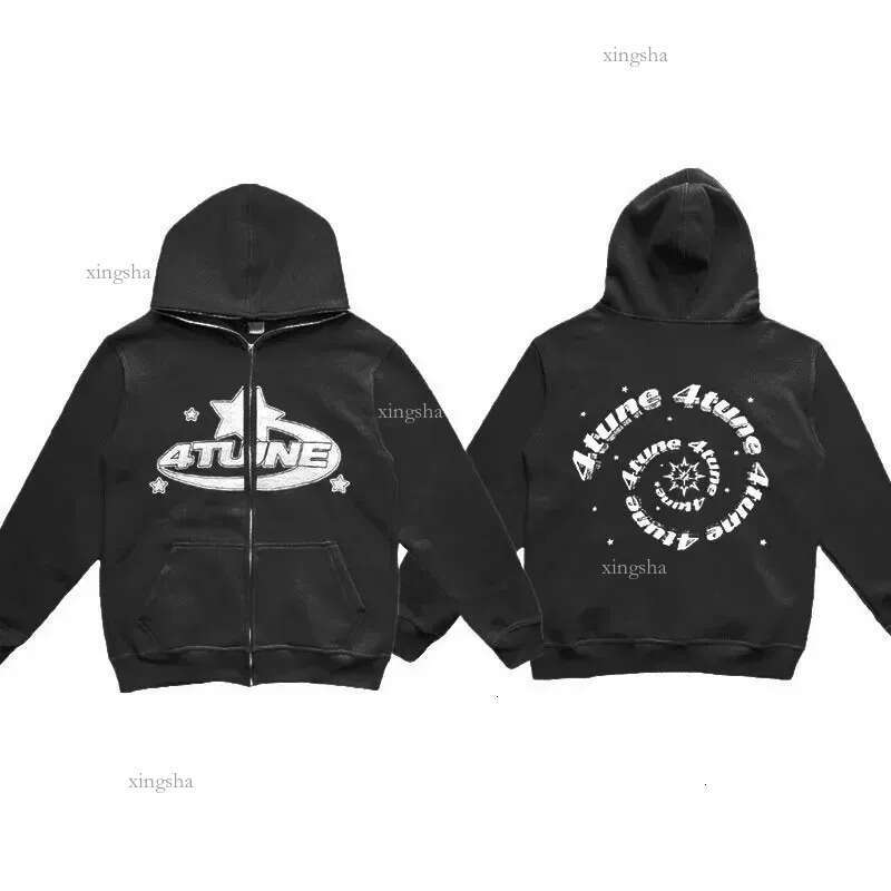 4Tune Y2K Full Zipper Retro Couple Hip Hop Hoodies Sweatshirt Loose Oversized Harajuk High Street Mens Womens Streetwear 240708