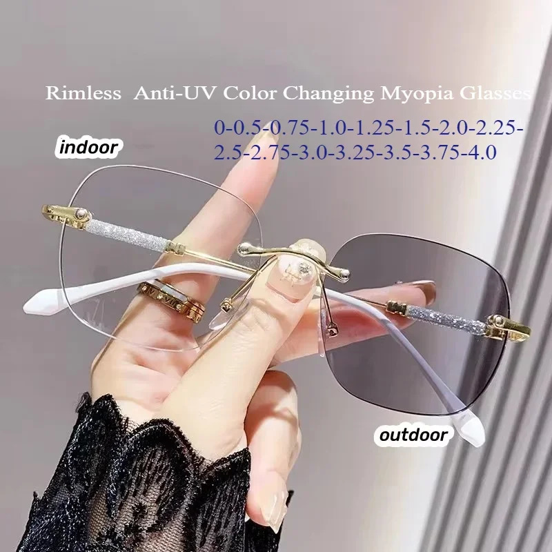 Borderless pochromic sunglasses for men and women myopia glasses fashionable UV resistant color changing Myopia glasses 241011